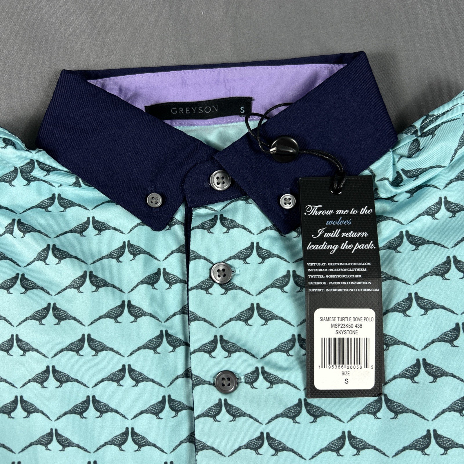 Greyson Golf Shirt Polo Siamese Turtle Dove Print Small Skystone Blue MSRP $118