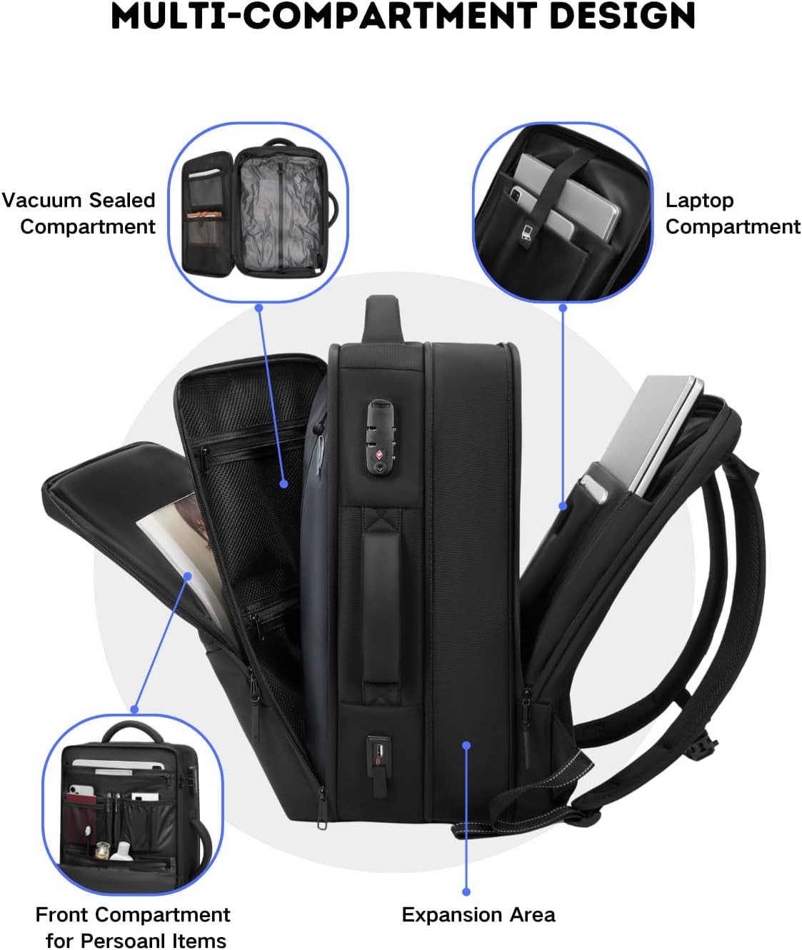 70L Expandable Vacuum Backpack with Pump, TSA Lock & USB Charging Port