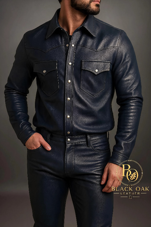 Mens Dark Blue Lambskin Leather Shirt Jacket Pants Set Biker Streetwear Suit