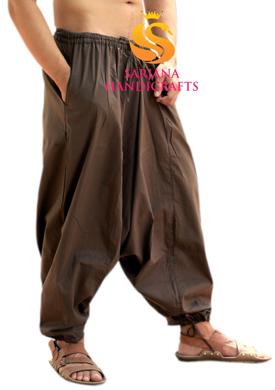 Men Women Cotton Solid Brown Harem Pants Gypsy Hippie Drop Crotch Trouser Genie