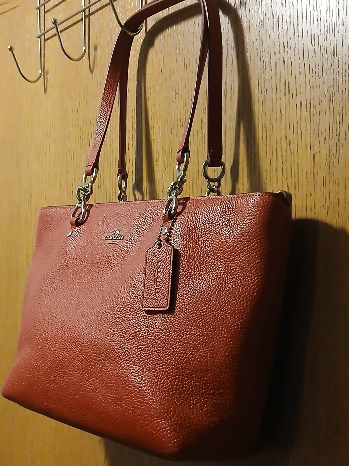 Authentic Coach Ava Chain Tote – Burnt Orange Pebbled Leather-Silver Stone Bag