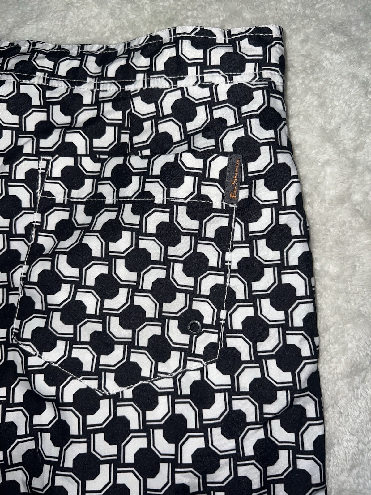 Ben Sherman Men’s Geometric Swim Shorts Drawstring Pockets Black/White W32