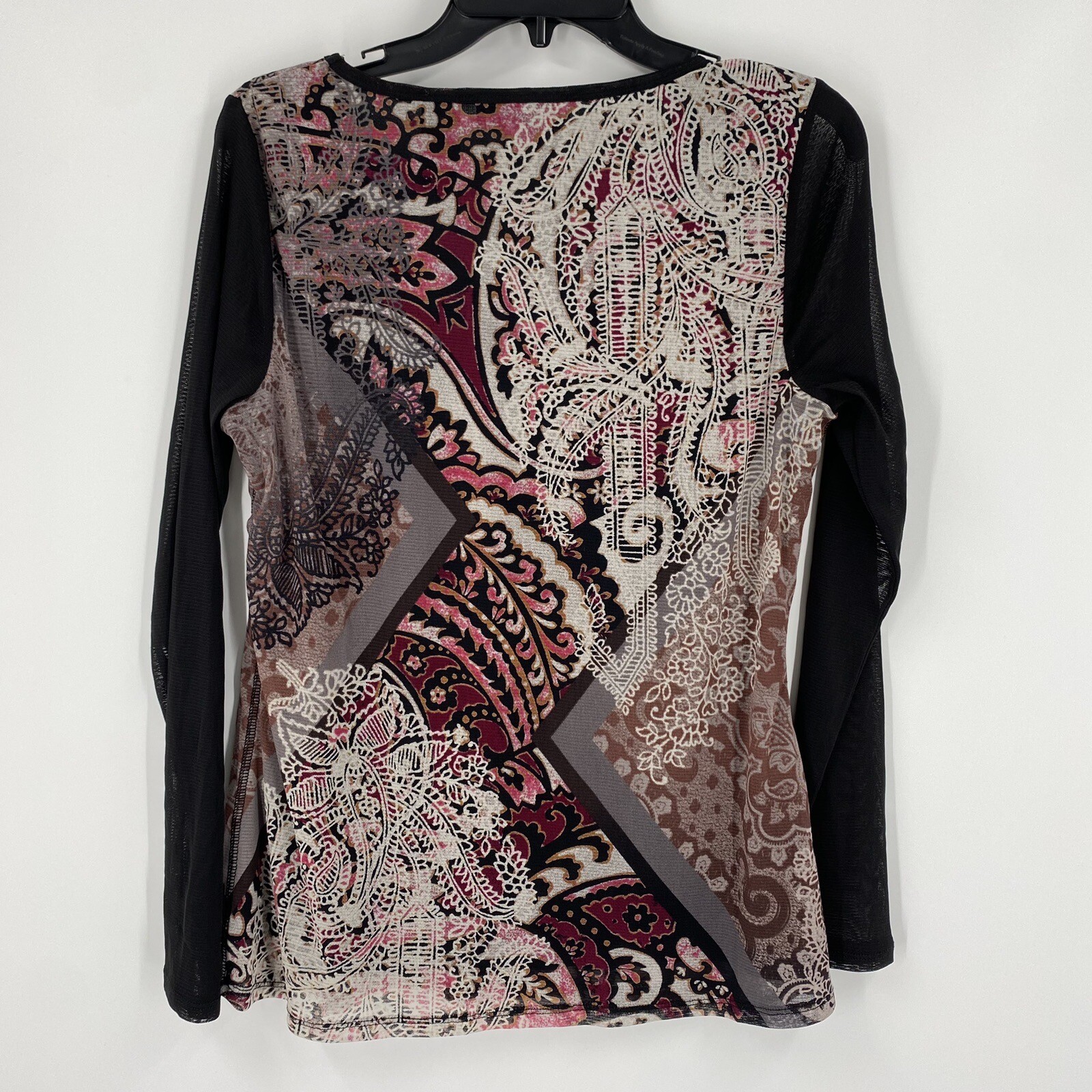 Axcess Women’s Round Neck Mesh Long Sleeve Paisley Print Blouse Size M