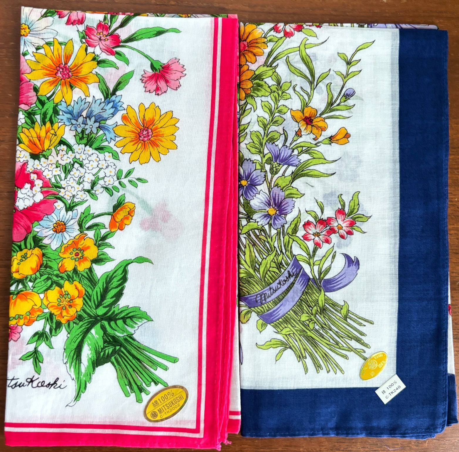 RARE Vintage Mitsukoshi Scarf Handkerchief 2pc Set Floral Pink Navy Cotton Japan