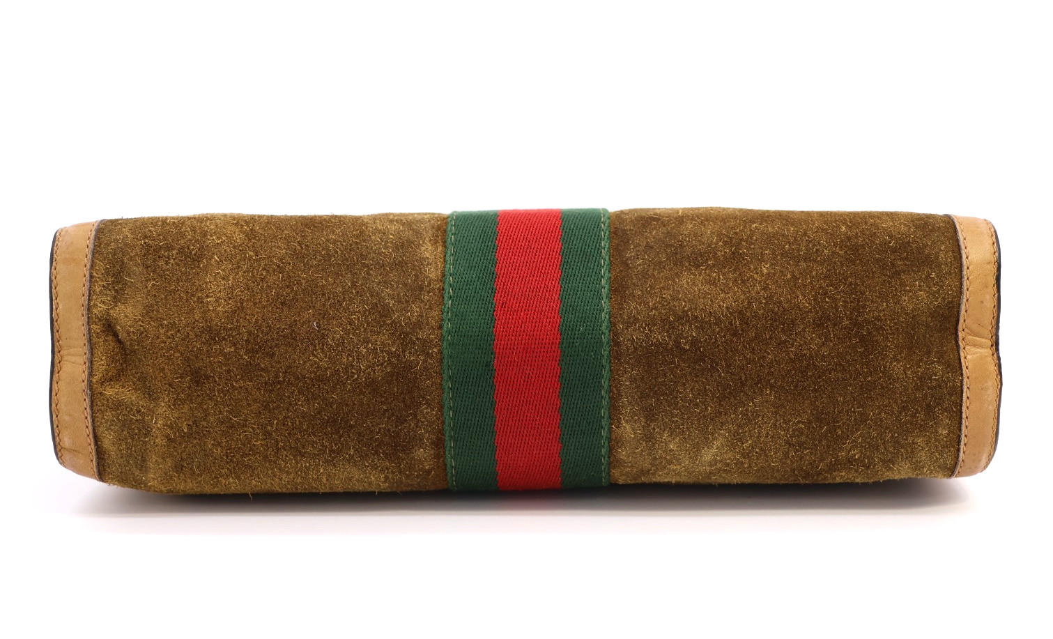 GUCCI VINTAGE Web Stripe Clutch Suede Leather Camel Large Rare Authentic