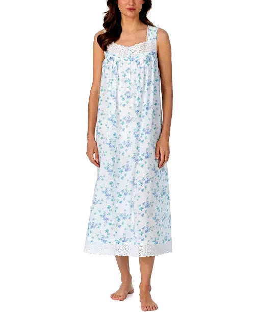 Eileen West White/Blue Floral Sleeveless 100% Cotton Lawn Ballet Nightgown M