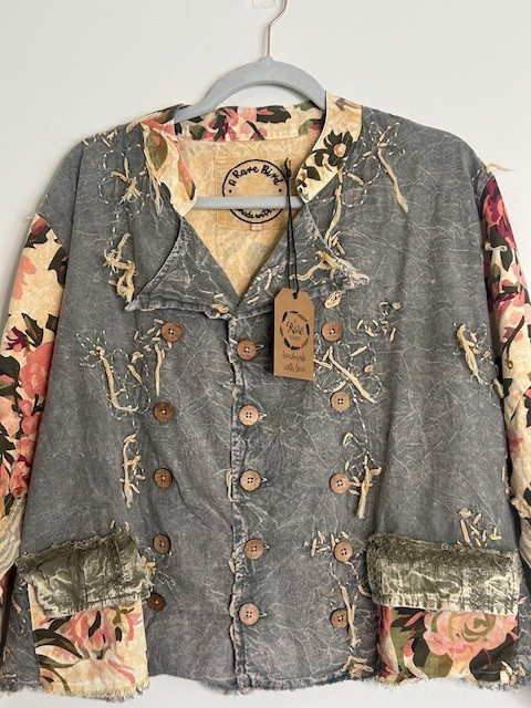 #1396 A Rare Bird Chambray Knotted Floral Mixed Shabby Chic Shirt/Jacket NWT