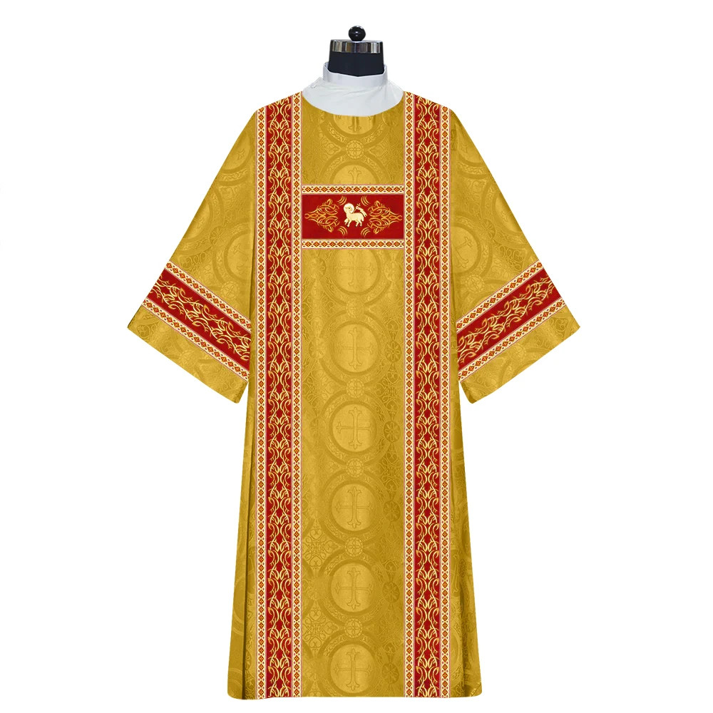 Elegant Dalmatic Vestment with Embroidered Lamb Motif and Ornate Orphrey