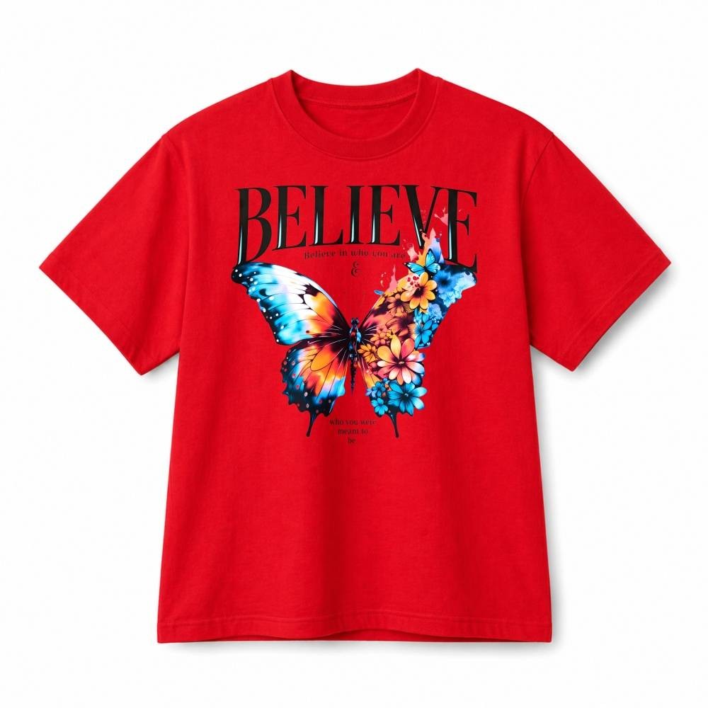 Believe Colorful Butterfly Inspirational Retro Graphic Cotton T‑Shirt Unisex