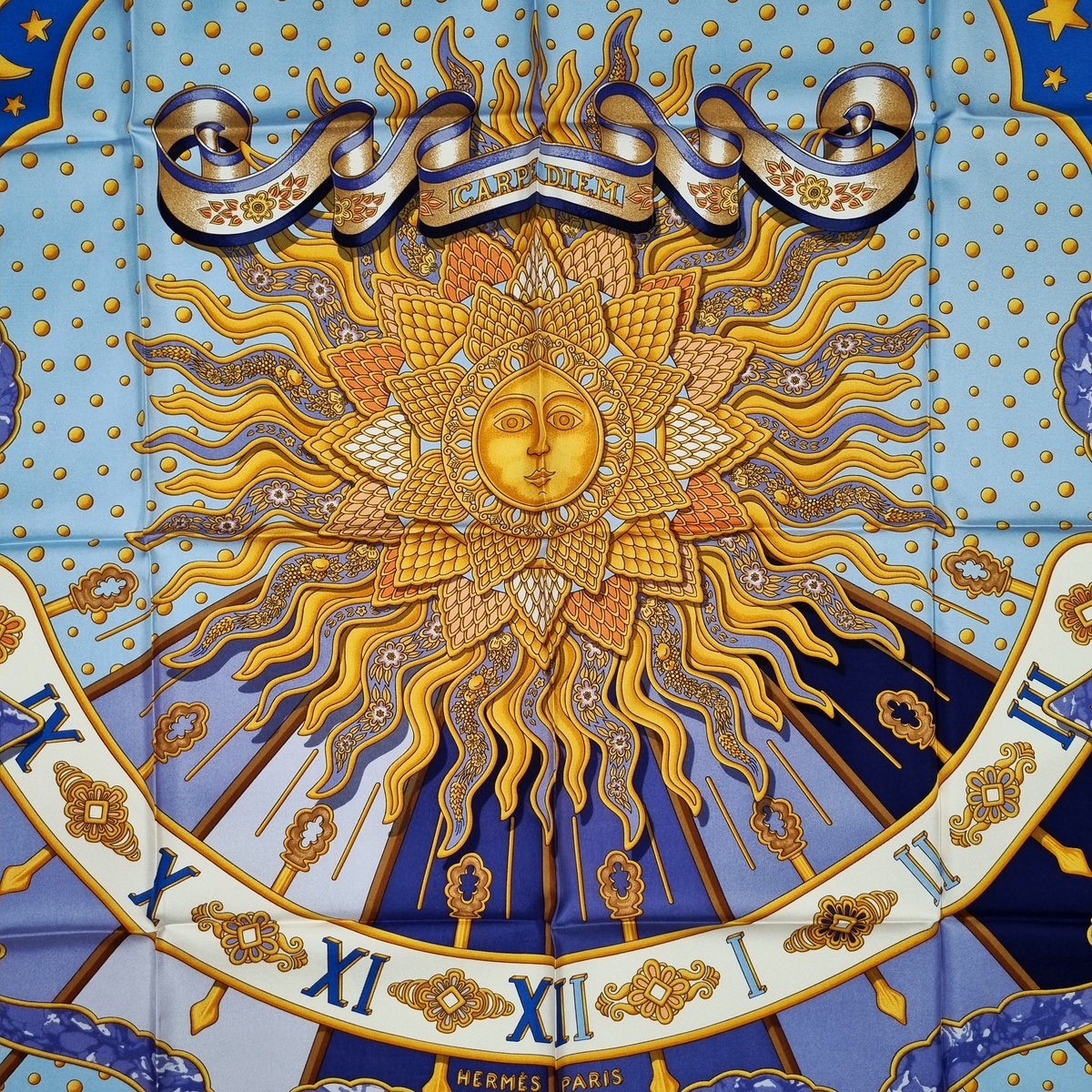 RARE VINTAGE HERMES Silk Scarf “Carpe Diem” Carre 90 designed by Joachim Metz