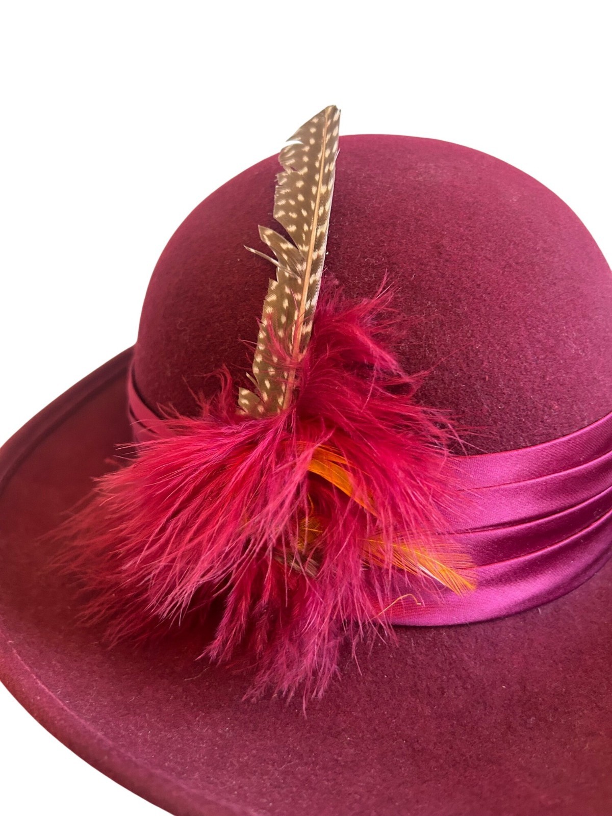 Vintage Geo W Bollman Burgundy Wool Hat With Satin Ribbon & Feather Accent