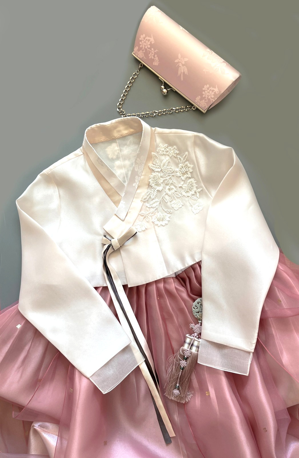 Korean Traditional Dress Hanbok Set- Ivory Top Pink Gallae Skirt / Petticoat Bag