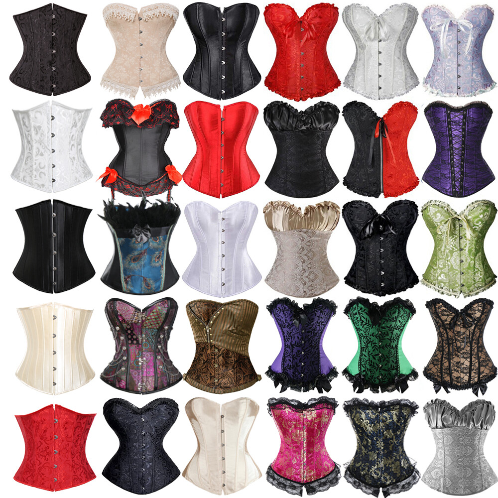 Women Lace Up Boned Bustier Corset Overbust Burlesque Waist Cincher Lingerie Top