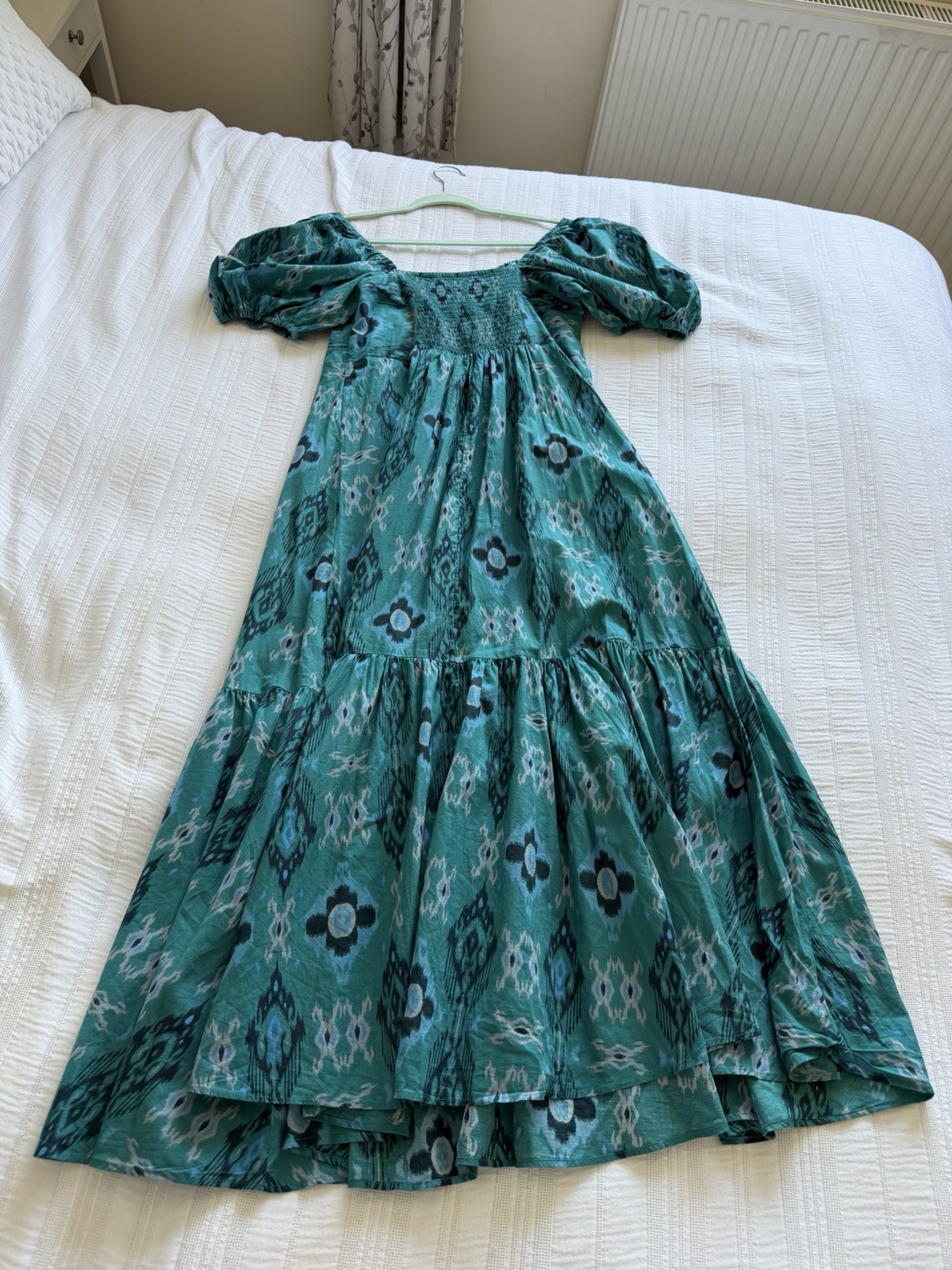Marks & Spencer Teal Blue Green Puff Sleeve Midi Dress Size 14 Cotton Tiered
