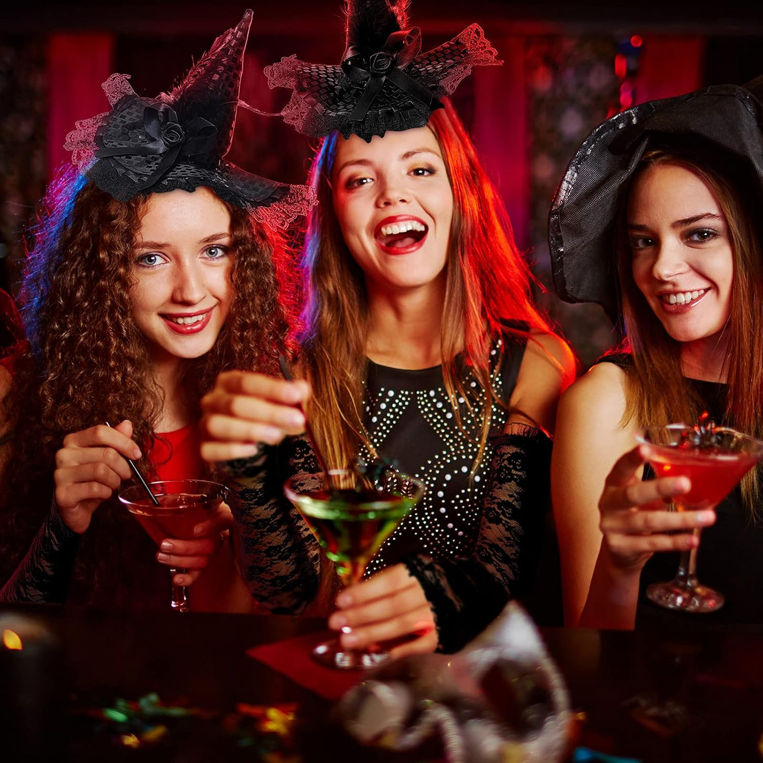 4 Pcs Halloween Witch Hat Headband and Lace Gloves Set | Black Lace Fingerless