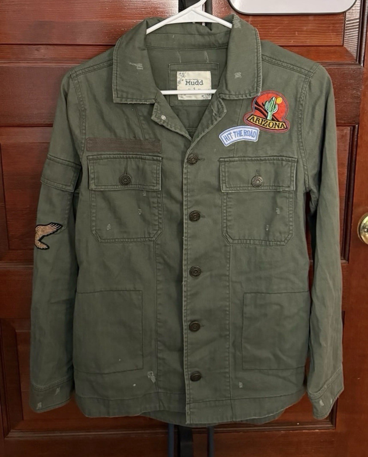 Mudd juniors Green Military Button-Front Cotton Jacket w/ Patches, Pockets S