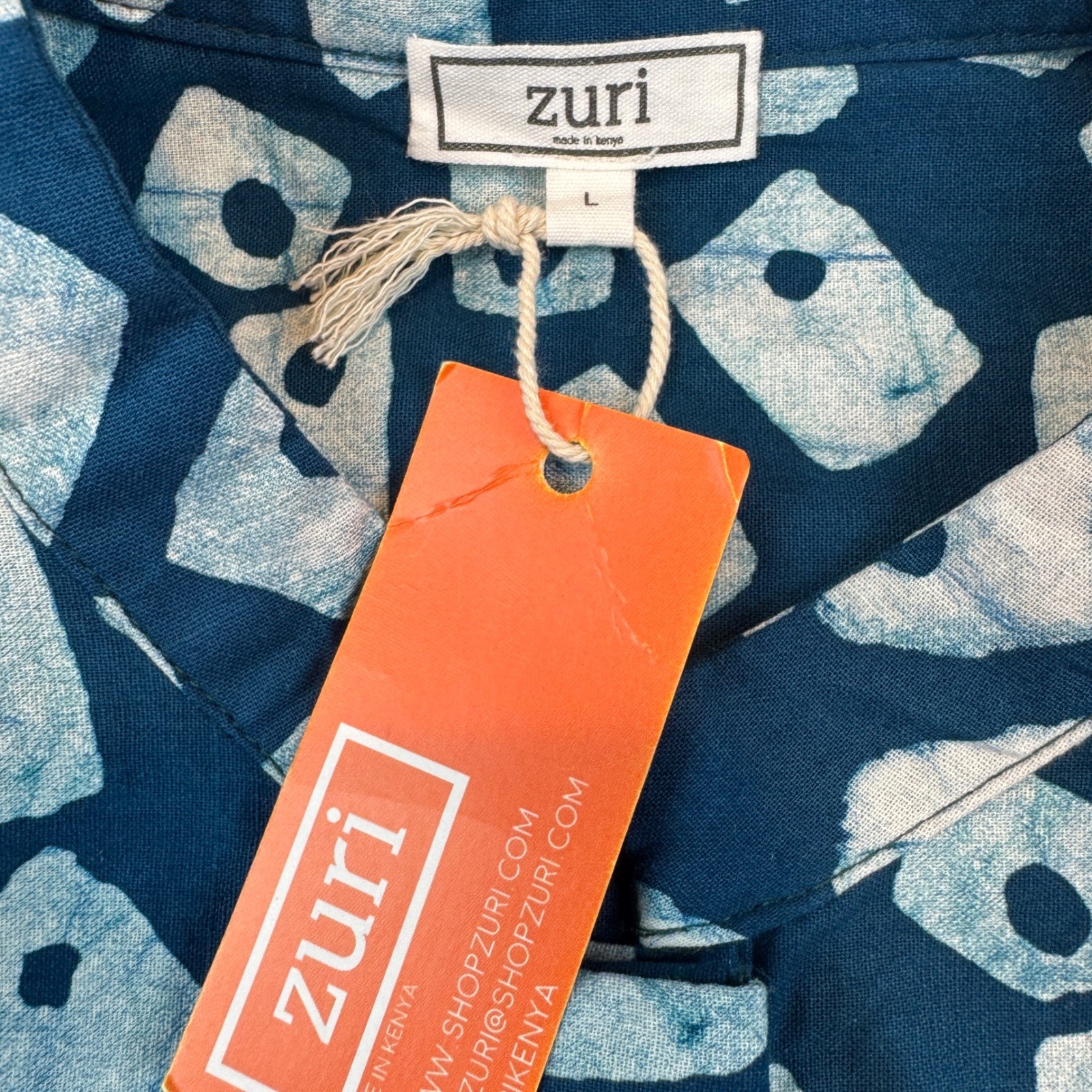 Zuri Kenya Women Large Blue White Cotton Batik Print Mandarin Collar Shirt NWT