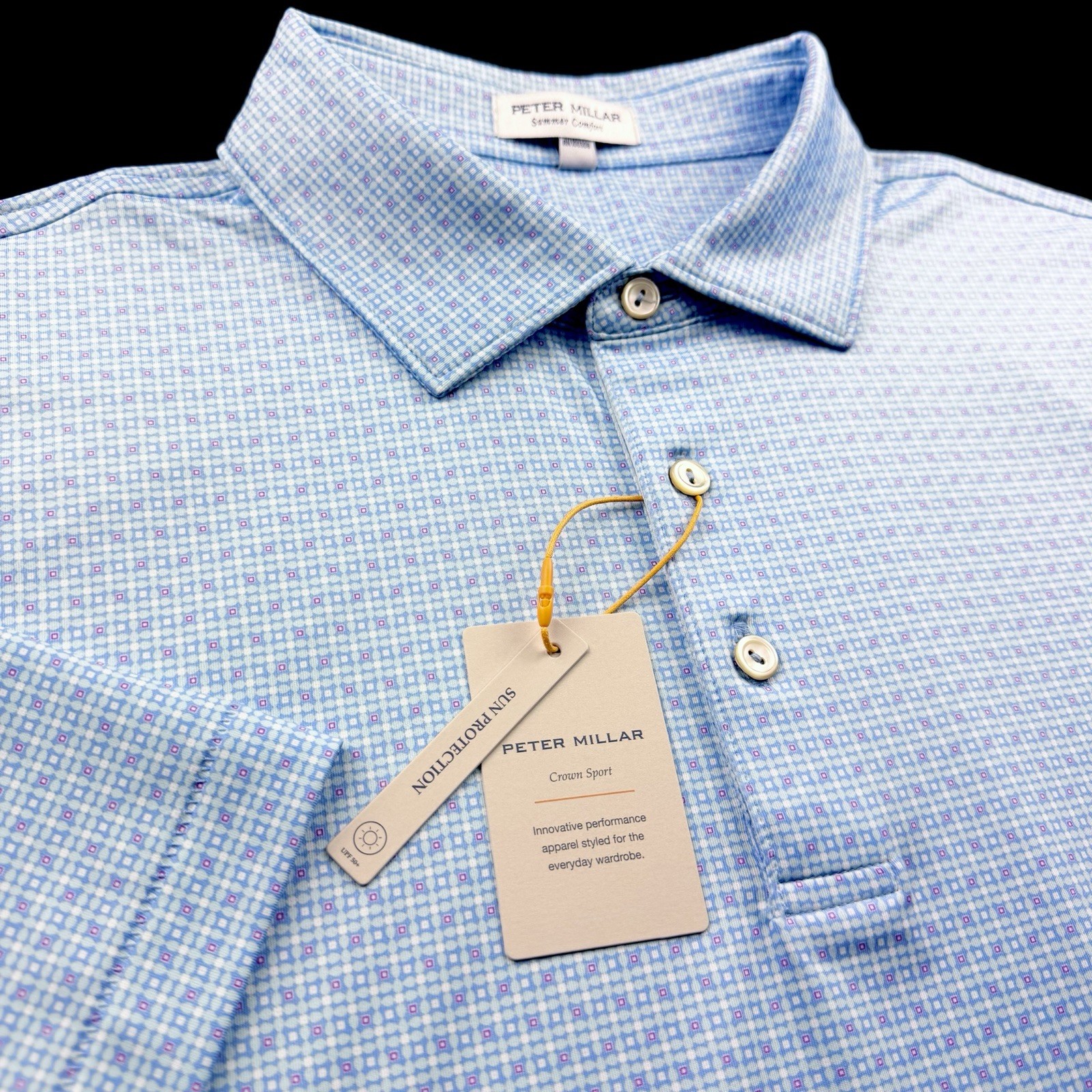 Peter Millar Crown Sport Performance Geometric Diamond Print Polo Blue LRG $115