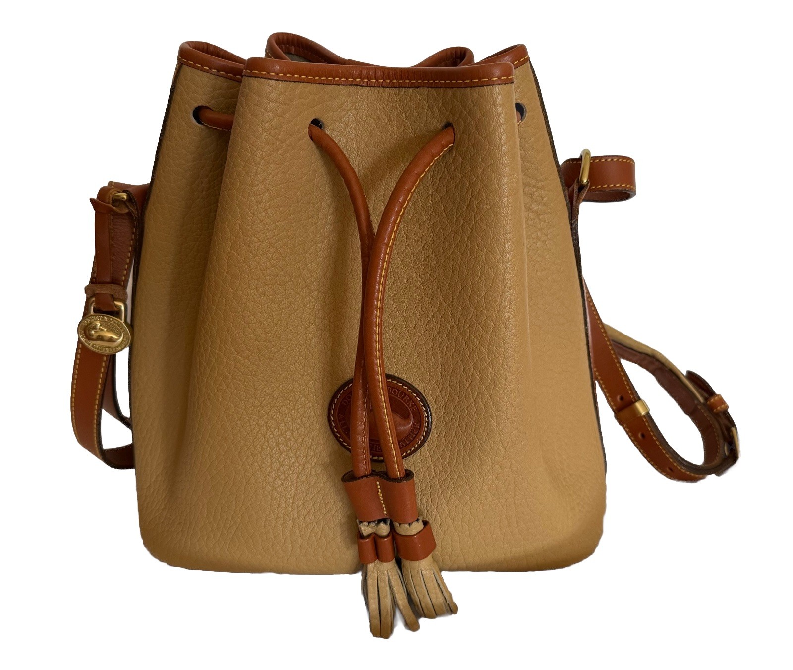 Dooney Bourke Vintage Taupe Brown Drawstring Bucket Shoulder Bag All Leather