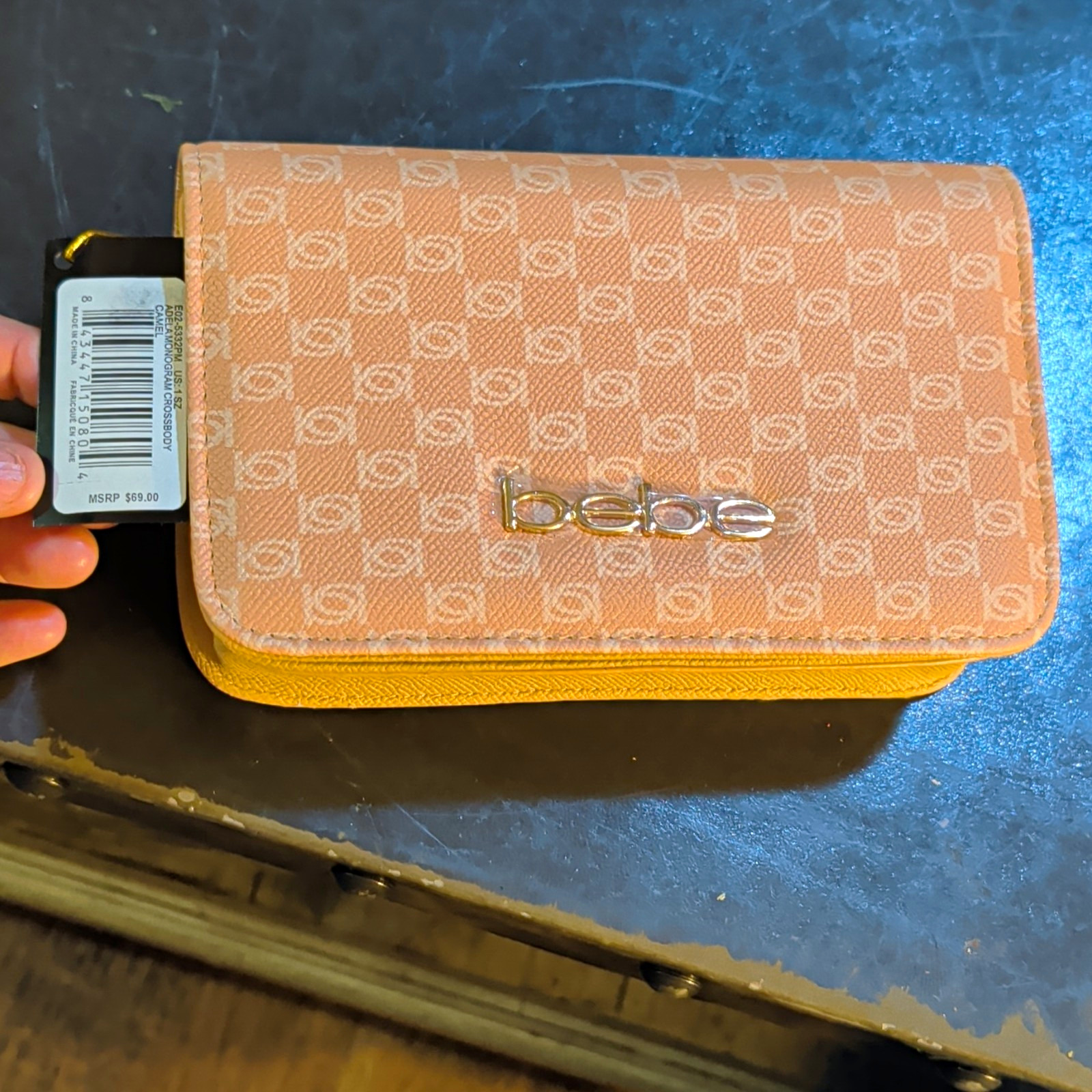 bebe Women’s Tan Logo Monogram Wallet Wristlet w/ Chain Strap, Zip Pocket