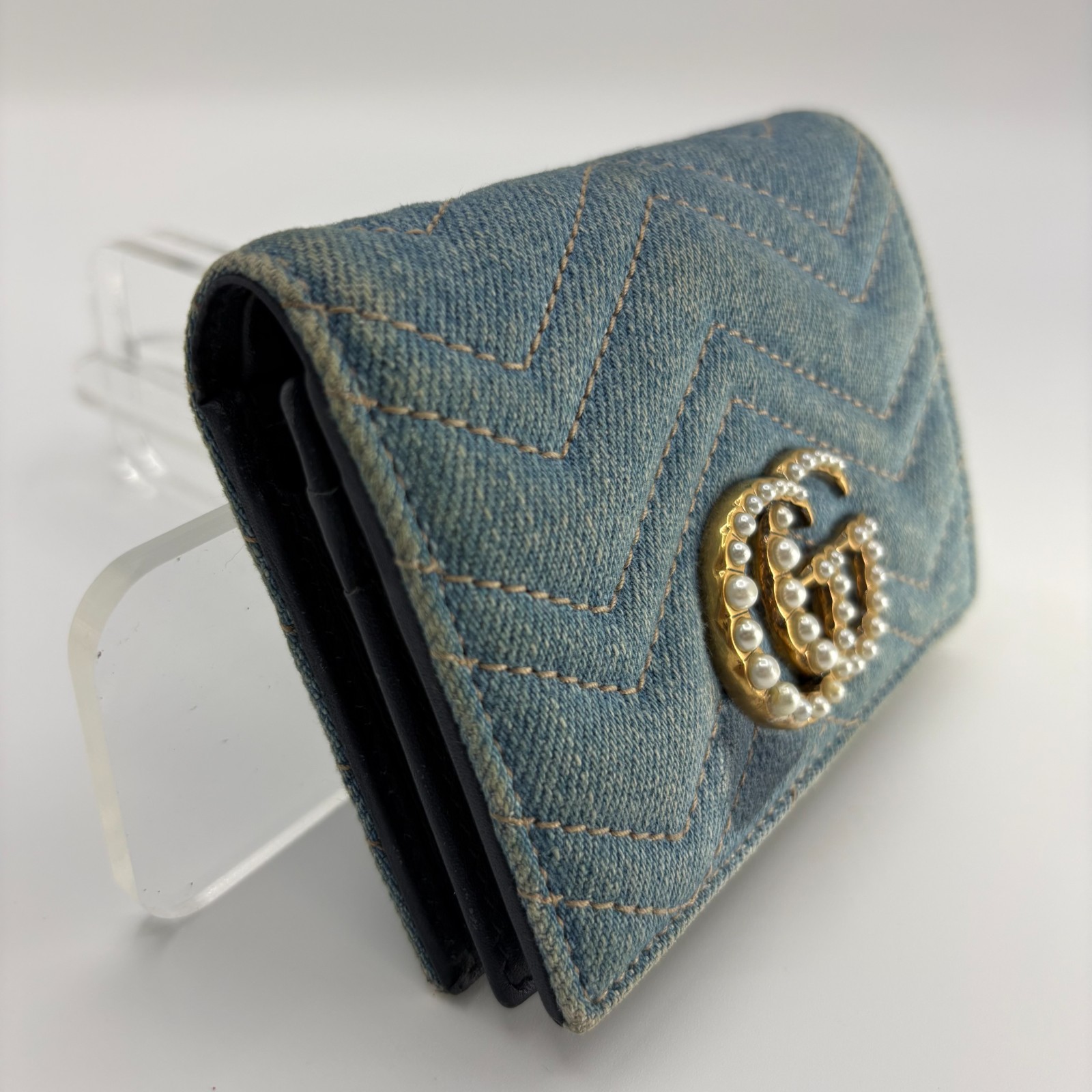 Gucci GG Marmont Wallet Denim Pearl Studs Compact Trifold Blue Leather Auth