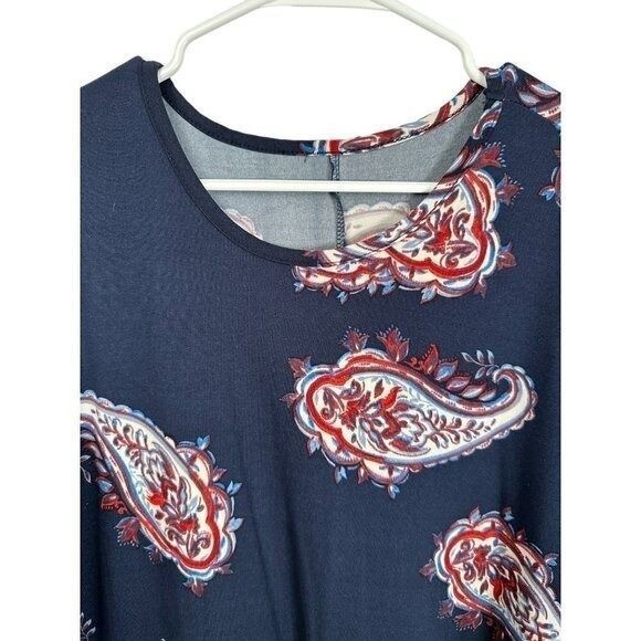 Navy Blue Paisley Long Sleeve Crew Neck Shift Dress Red White Print