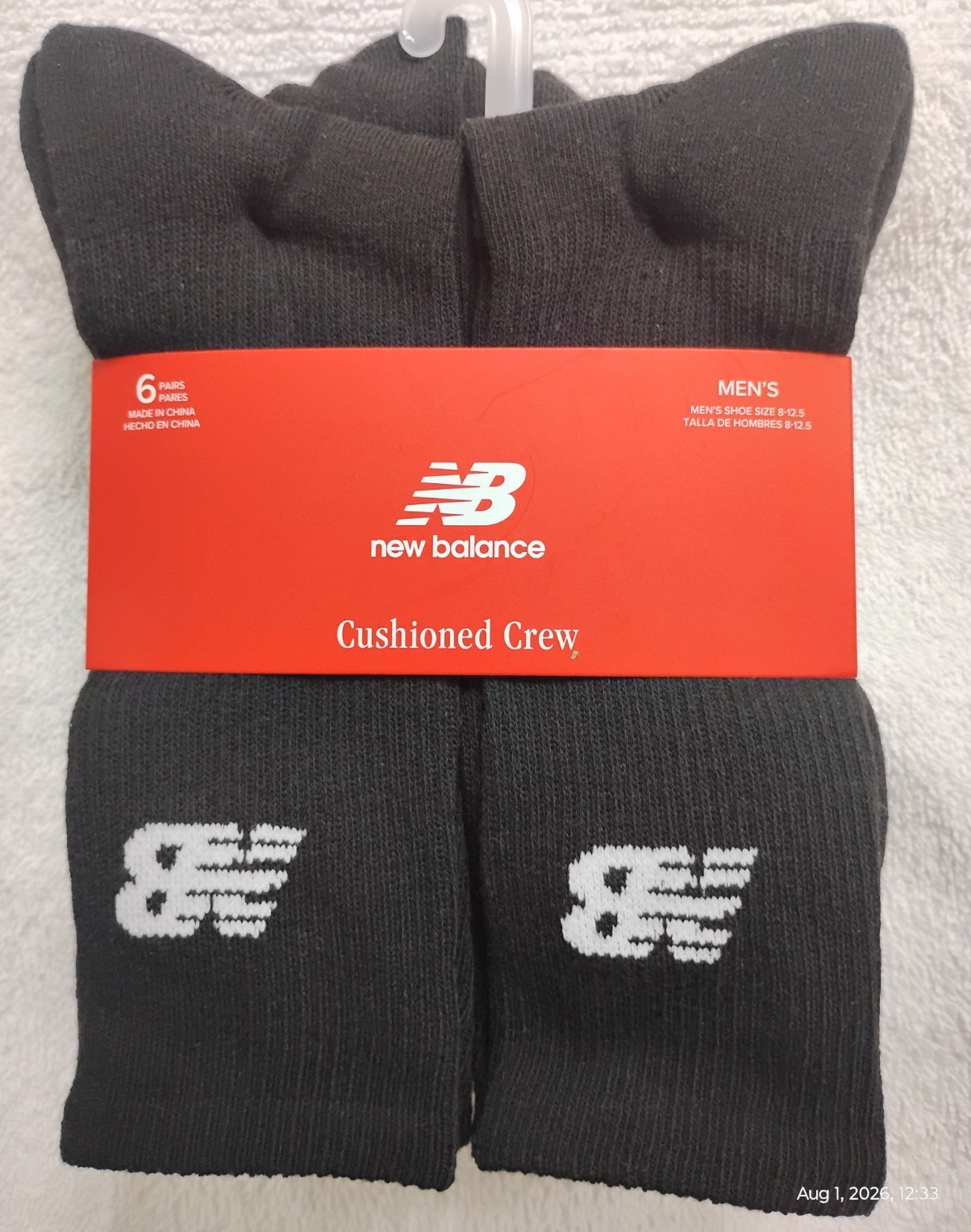 New Balance Crew Socks Black Cushioned Arch Support 6 Pairs Men’s 8.5-12.5