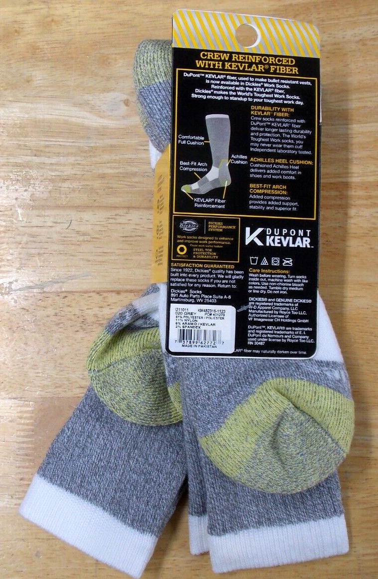 Dickies Made with KEVLAR Crew Sock Men’s Socks I211011, 2 Pair Grey 6-12
