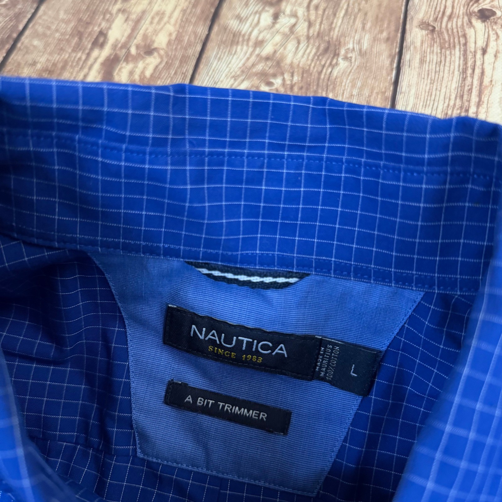 Nautica A Bit Trimmer Button Up Shirt Mens Large Blue Check Cotton Trim Fit