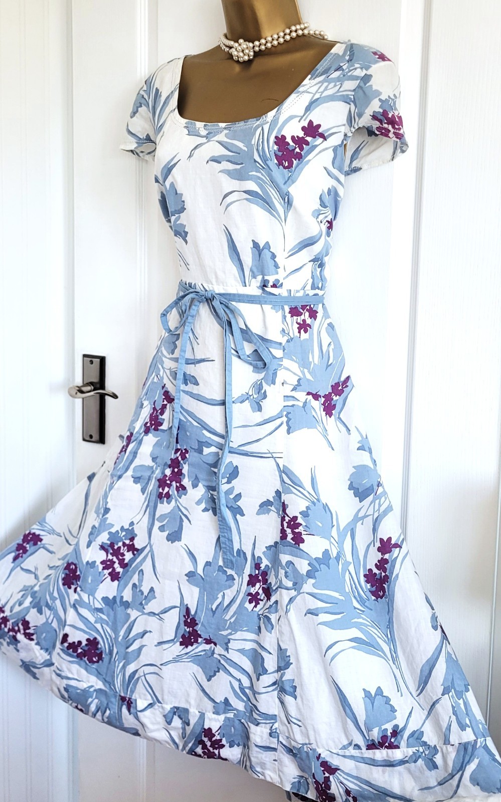 MONSOON WHITBY White Blue Floral Print Ramie Cotton Mix Fit & Flare Dress UK 20