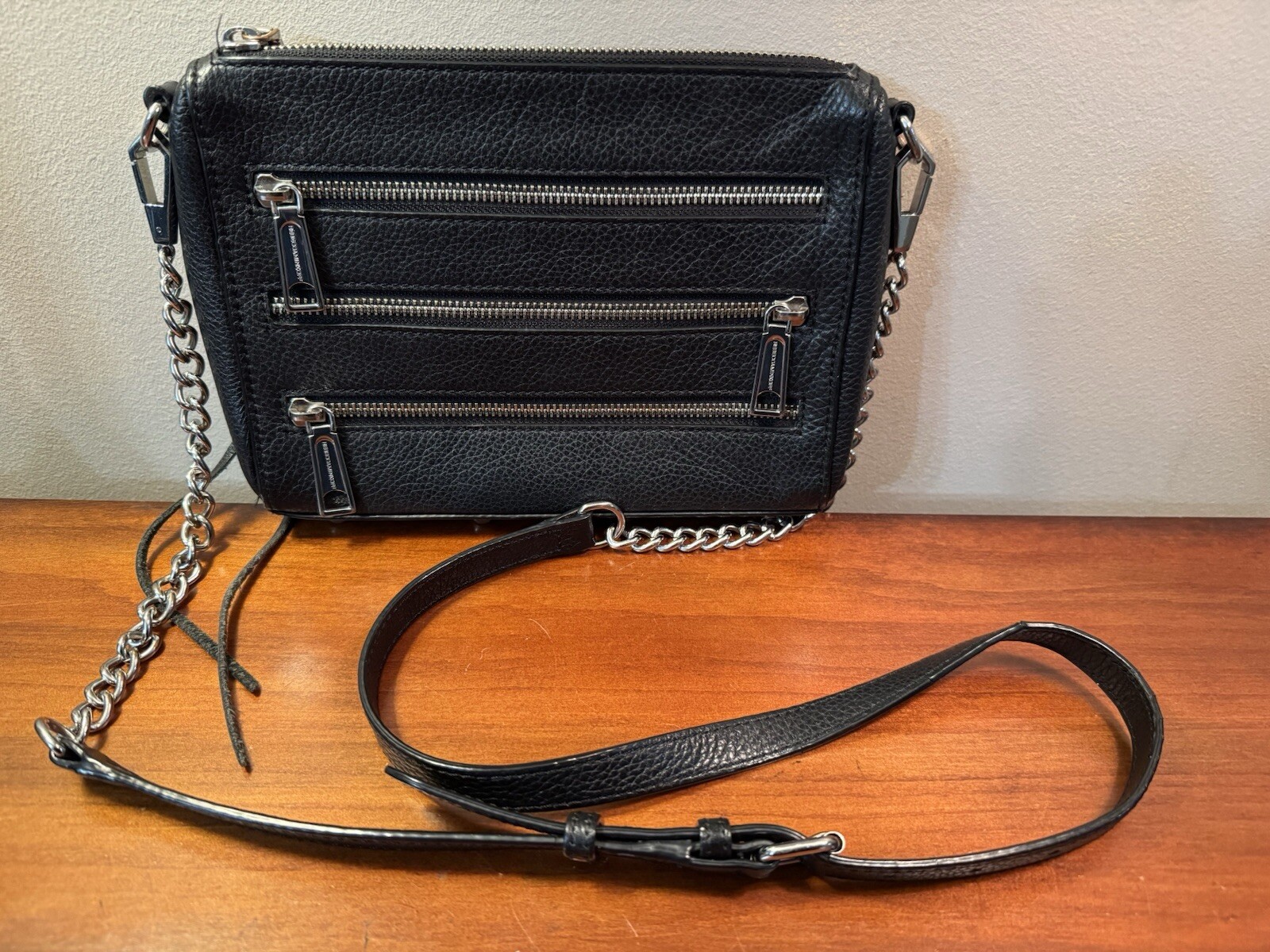 Rebecca Minkoff Black Pebbled Leather Triple Zipper Chain Strap Crossbody Bag