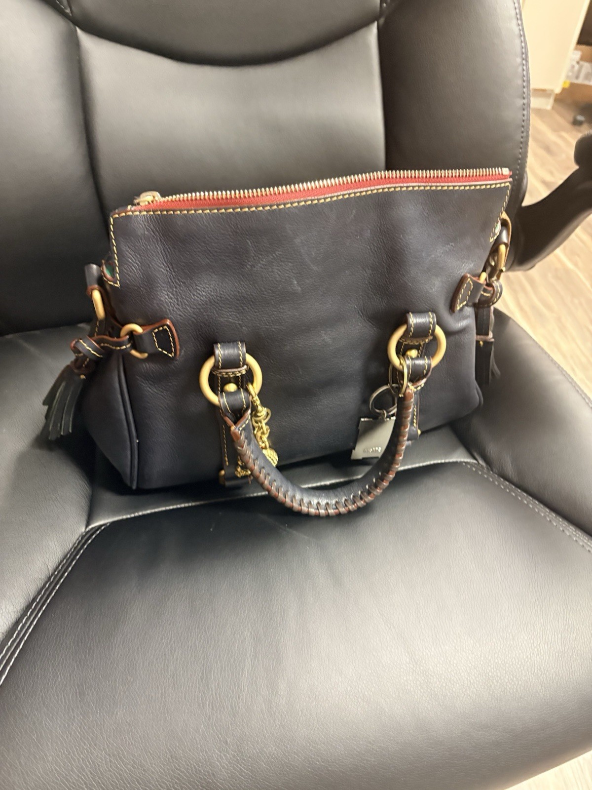 Navy Medium Satchel Top Handle Zip Tassel Green Lining Gold Hardware Strap