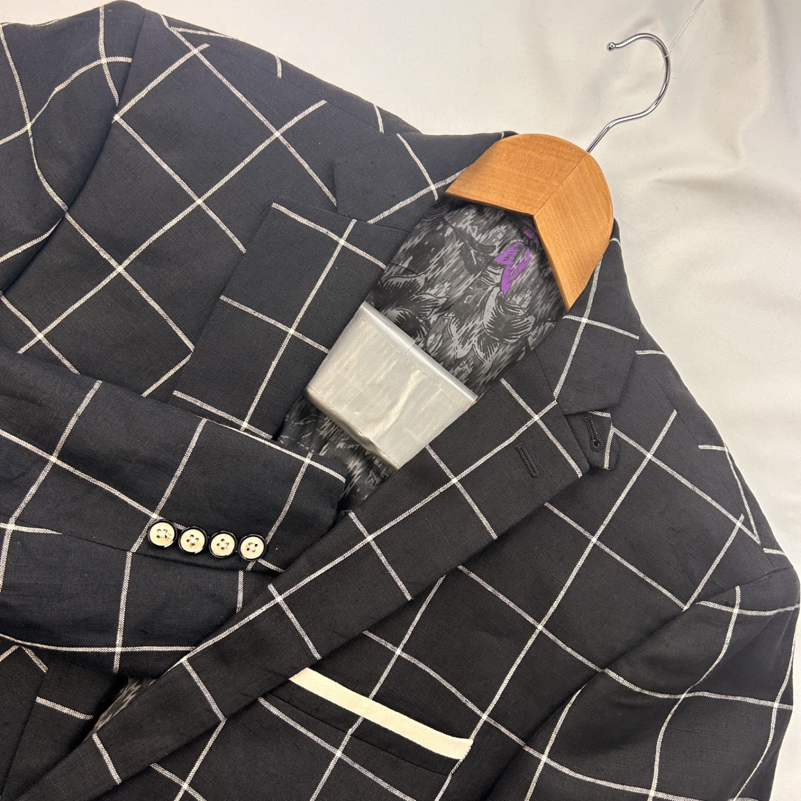 Tallia Men Black White Windowpane 100% Linen Two Button Blazer 44L NWoT