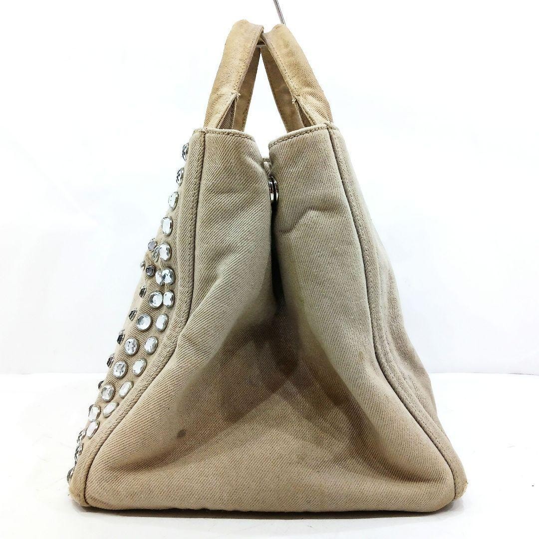 PRADA Canapa Bijou 2 Way Leather Canvas Shoulder Handbag Greige Silver Auth