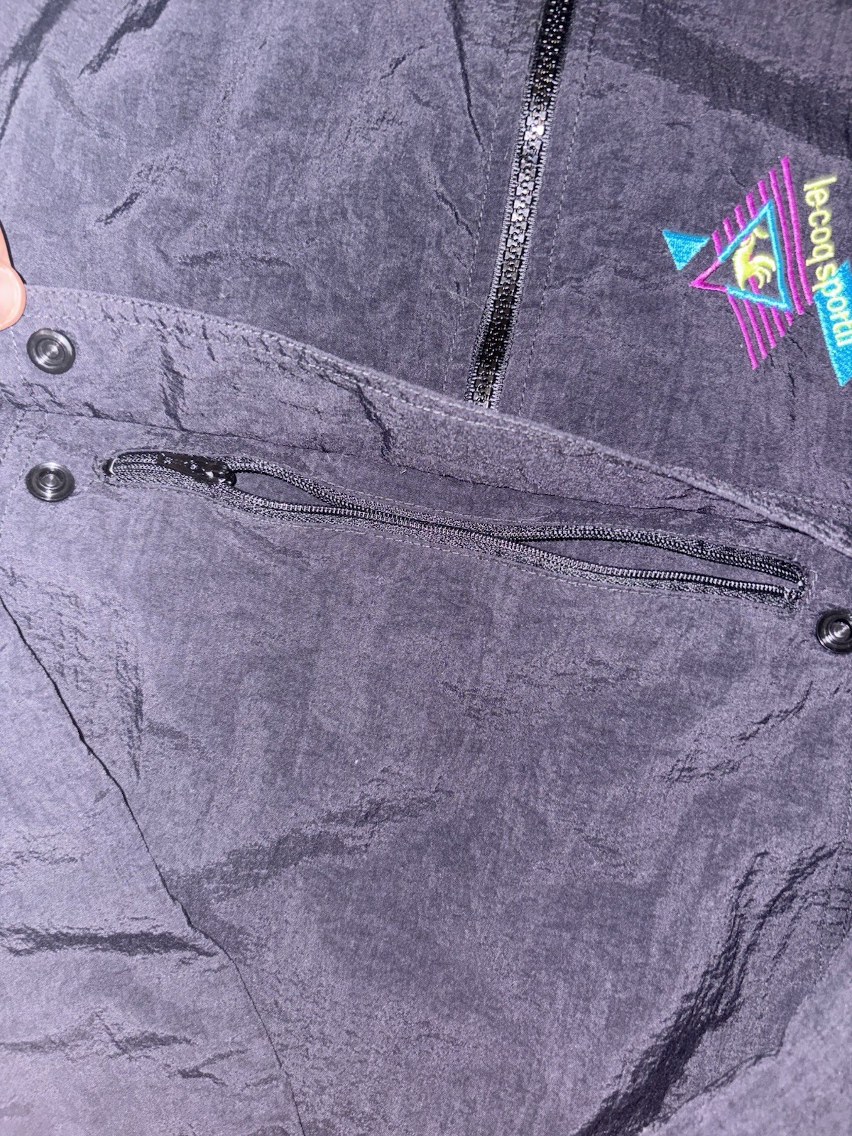 Vintage Le Coq Sportif BLACK & NEON Windbreaker L Green Purple 80s / 90s Jacket
