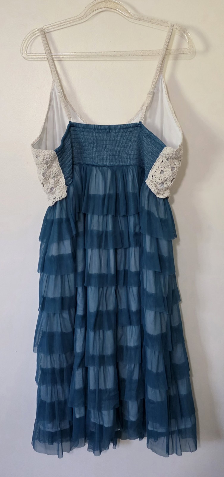 J Gee Crochet Sheer Ruffle Dress Sleeveless Boho Party Coastal Beachy Blue Sz 1X