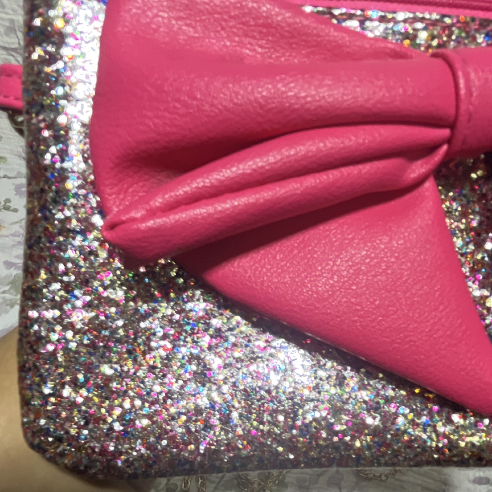 Pink Glitter Bow Crossbody Clutch Zip Closure Gold Chain Strap Lined