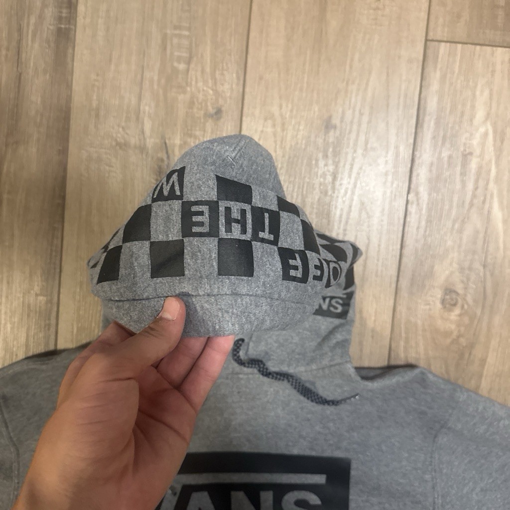 VANS Off The Wall Gray Pullover Hoodie M Fleece Graphic Logo Pockets