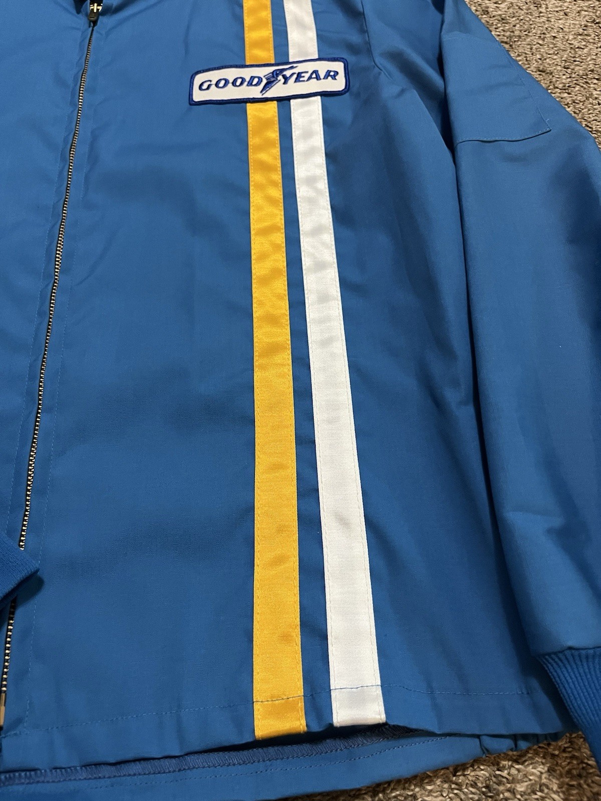 Vintage Goodyear Tires Racing Jacket Size Large USA Made Blue Stripes NOS Indy
