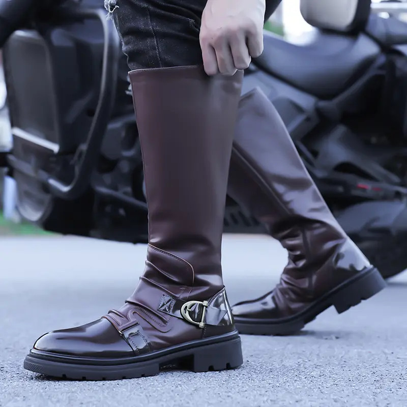 Mid Claf Boots Men’s Vintage Pleated Patent Leather Riding Motorcycle Punk Shoes