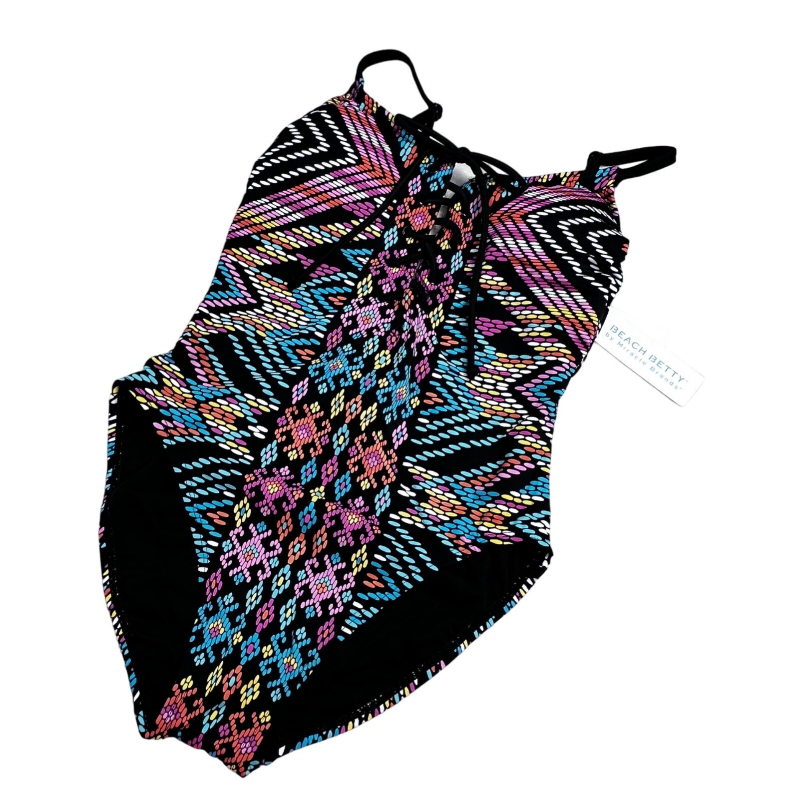Beach Betty Miracle Brands Swimsuit size S One Piece Black Mosaic Lace Up NWT
