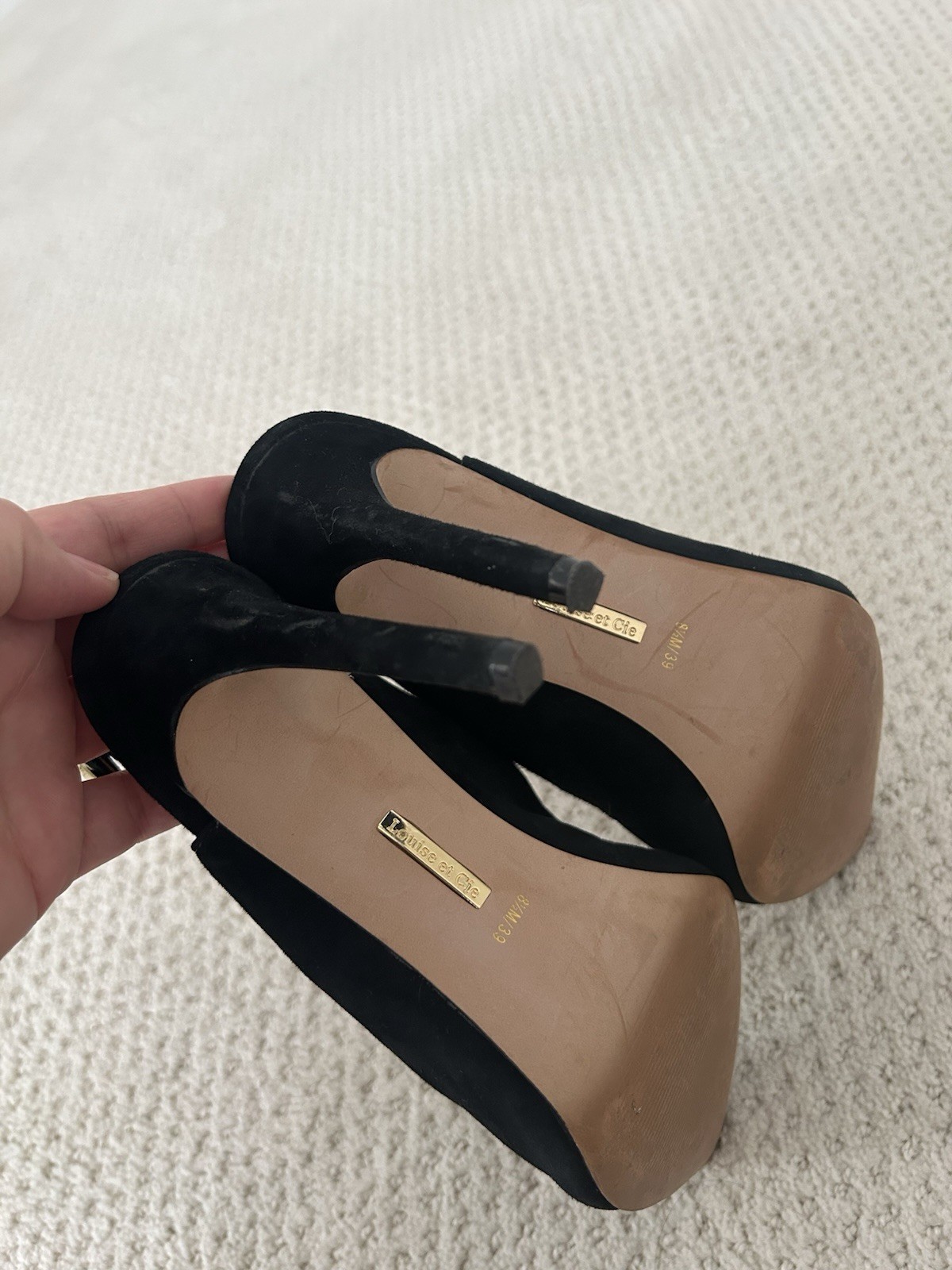Louise et Cie Black Suede Leather Pointed-Toe Slingback Heels with Pearl, 8.5/39