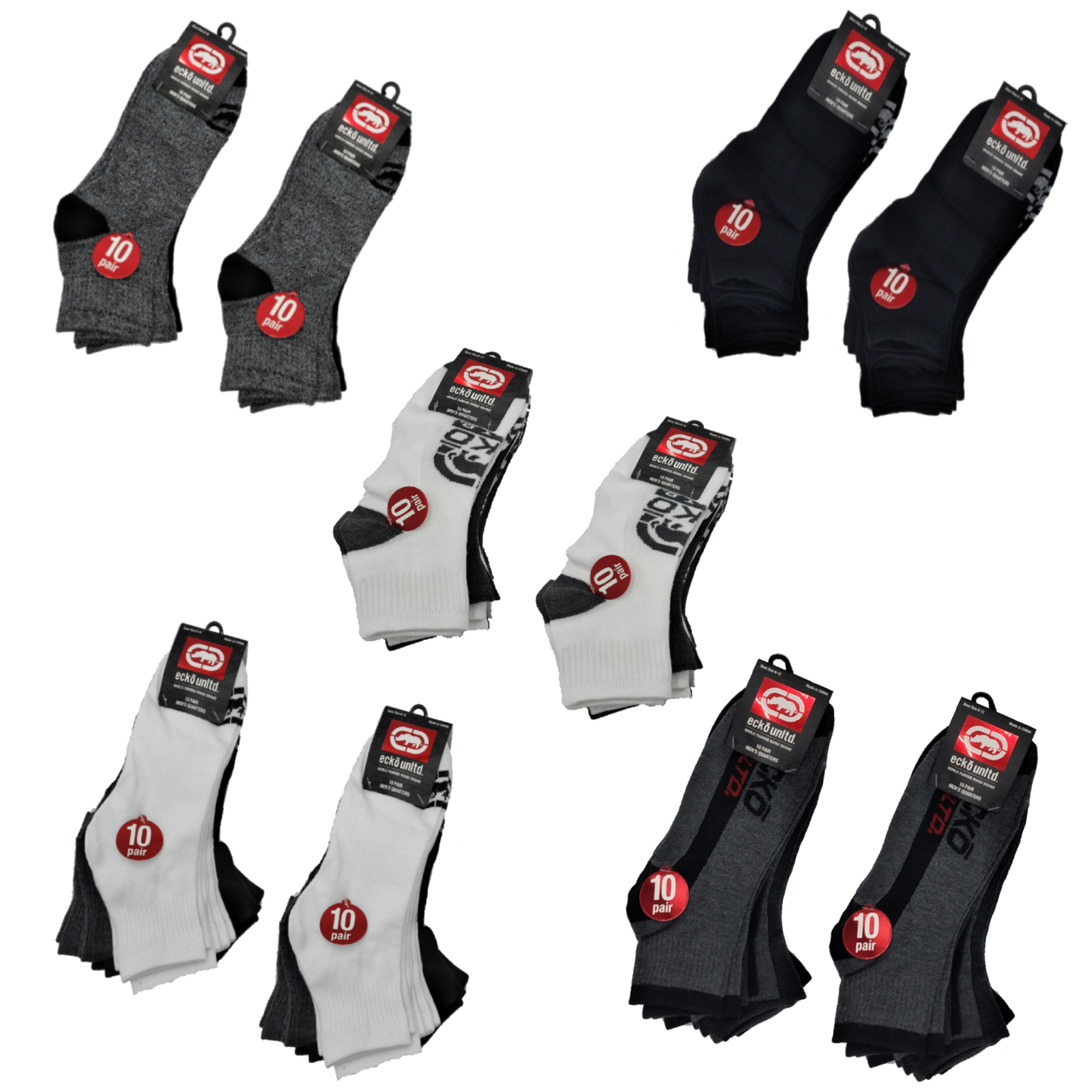 10-20 Pairs of Ecko Men’s Basic Quick Dry Quarter High Athletic Socks 10-13