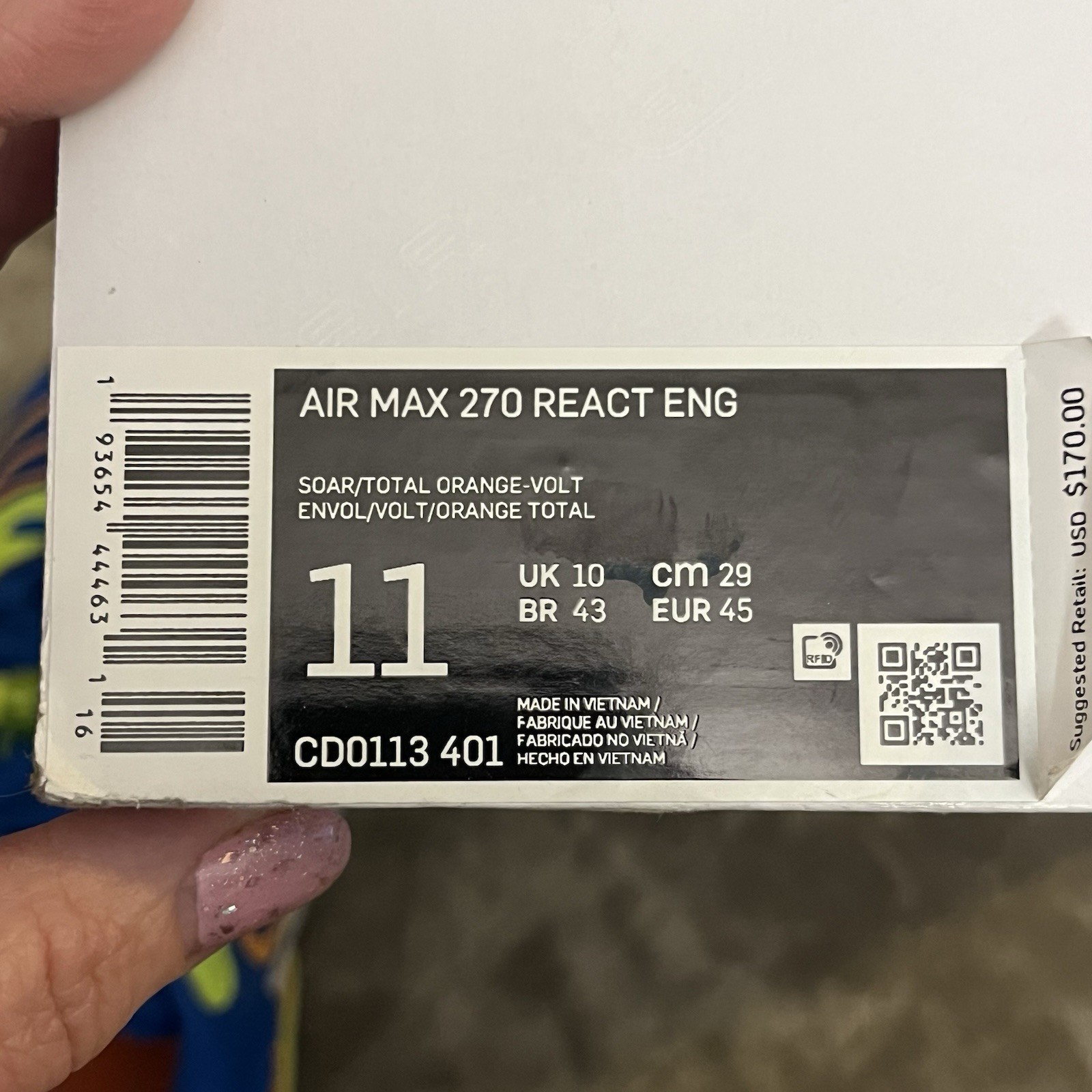 Size 11 – Nike Air Max 270 React ENG Blue w electric yellow & orange
