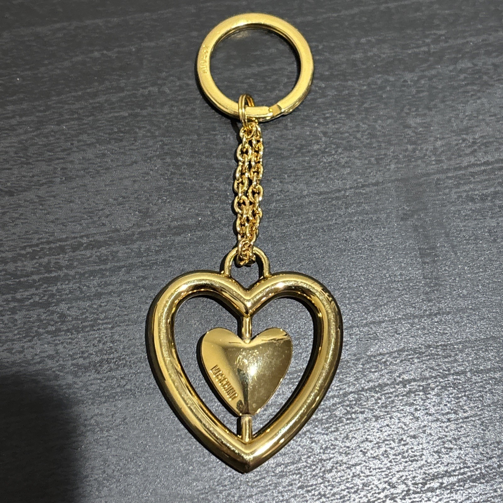 Vintage Moschino By Redwall Keychain Made In Italy Gold Double Heart Bag Charm