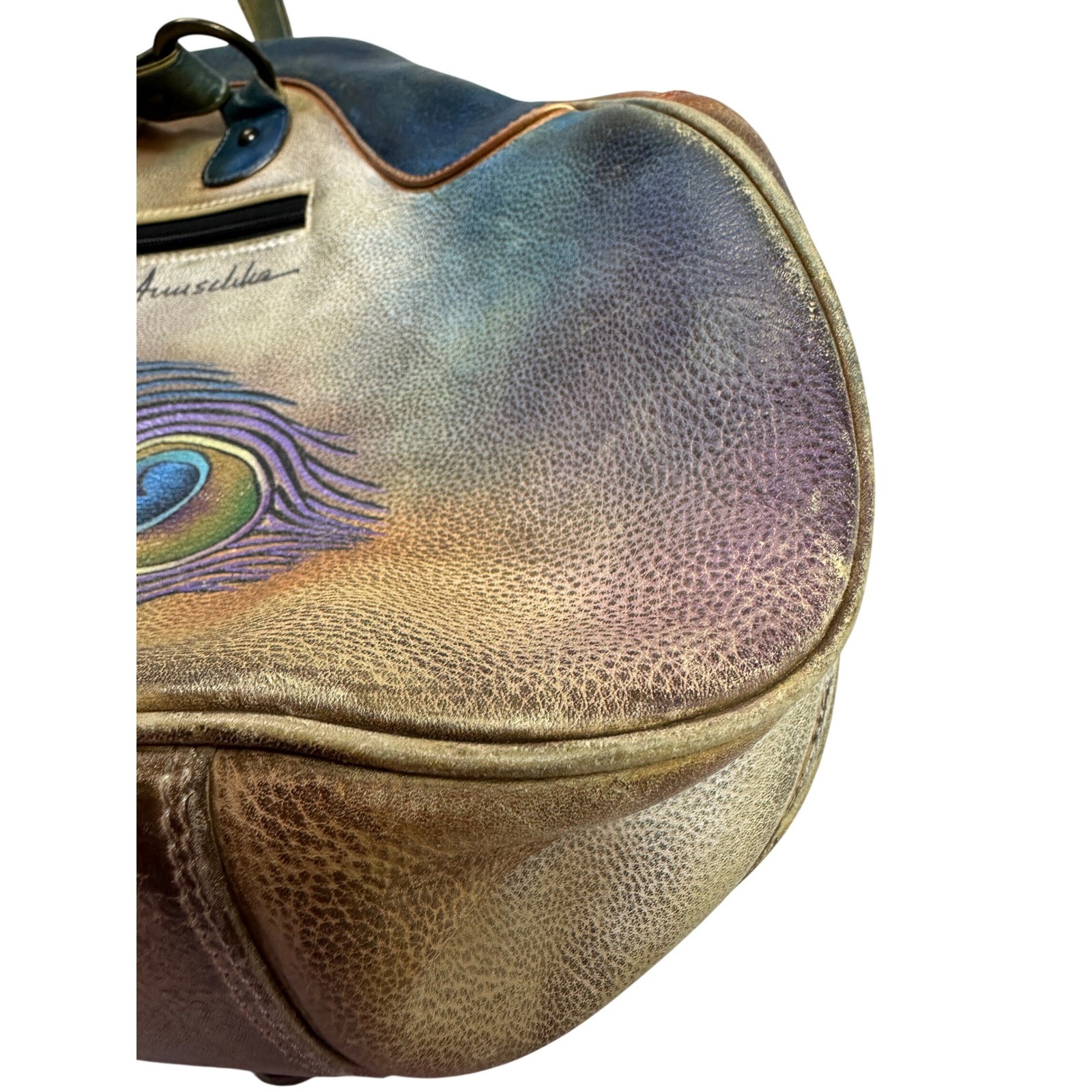 Anuschka Hand Painted Leather Peacock Riveted Floral Shoulder Hand Bag KC