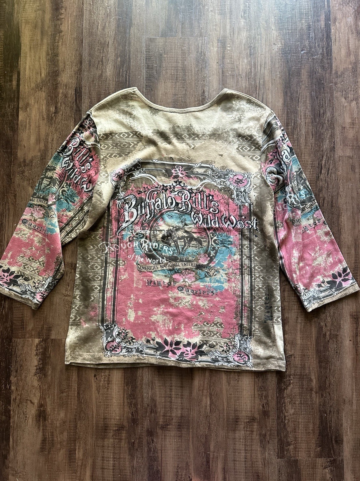 ROD’S Buffalo Bill Western Graphic Scoop Neck 3/4 Sleeve Tee Beige Pink XL