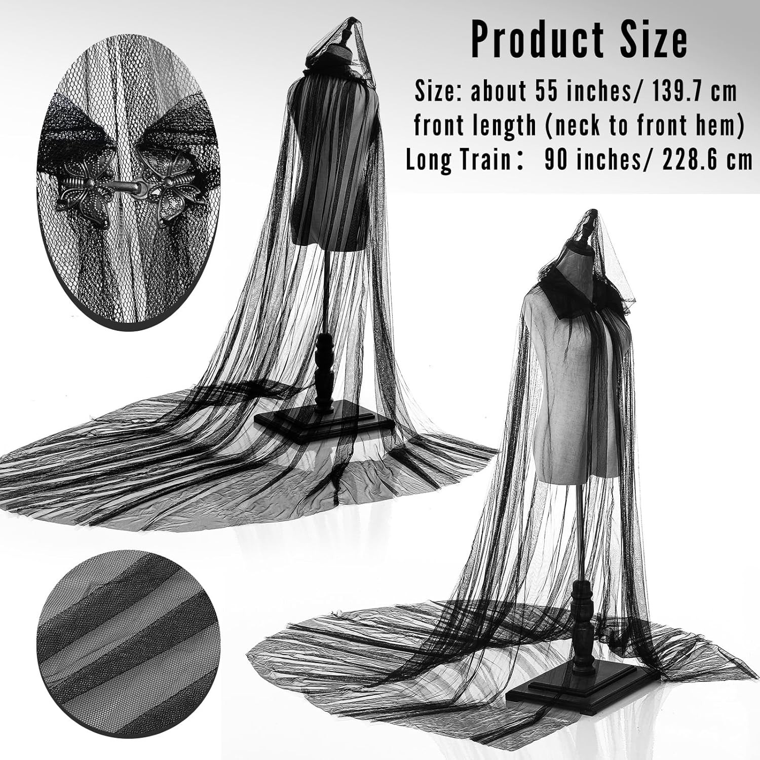 Halloween Lace Cape Hooded Cloak Gothic Witch Full Length Sheer Cape Adult
