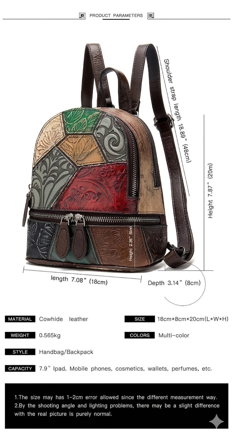 Women Genuine Leather Bag Purse Patchwork Embossed Backpack Handbag Boho Vintage