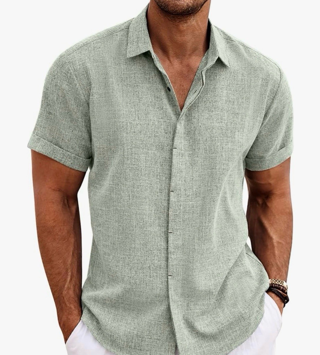 COOFANDY Men’s Green Linen Rayon Button-Up Shirt Short Sleeve 2XL